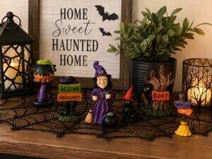 Halloween Spooky Village Miniature Figurine Set Witch Cauldron Pumpkins Decor